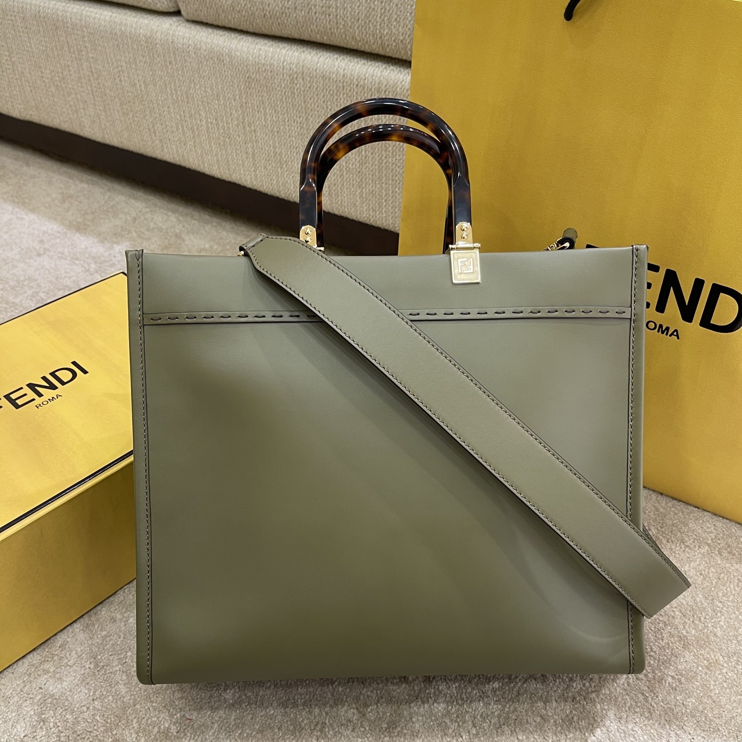 Fendi Medium Sunshine Shopper Green Leather Bag 